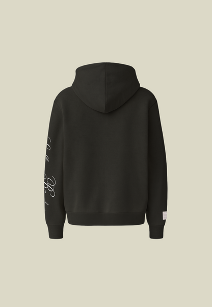 Black pullover hoodie with white sleeve graphic and front pouch pocket
