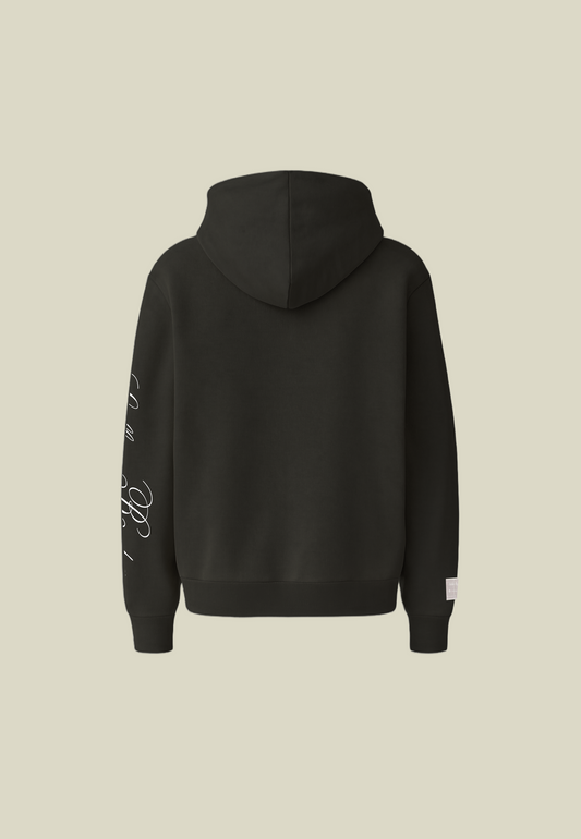 Black pullover hoodie with white sleeve graphic and front pouch pocket