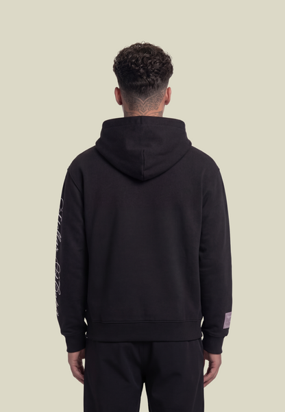 Black pullover hoodie with white sleeve graphic and front pouch pocket