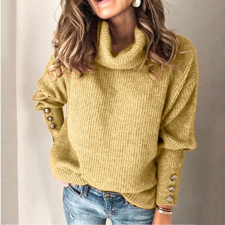 Women's ribbed turtleneck sweater with long sleeves and button cuffs