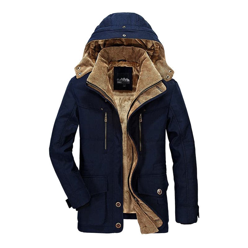Men's hooded parka jacket with multiple pockets and zip front