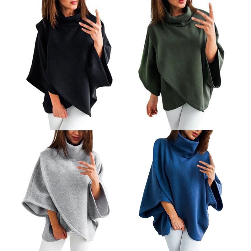 Women's asymmetric turtleneck poncho sweater
