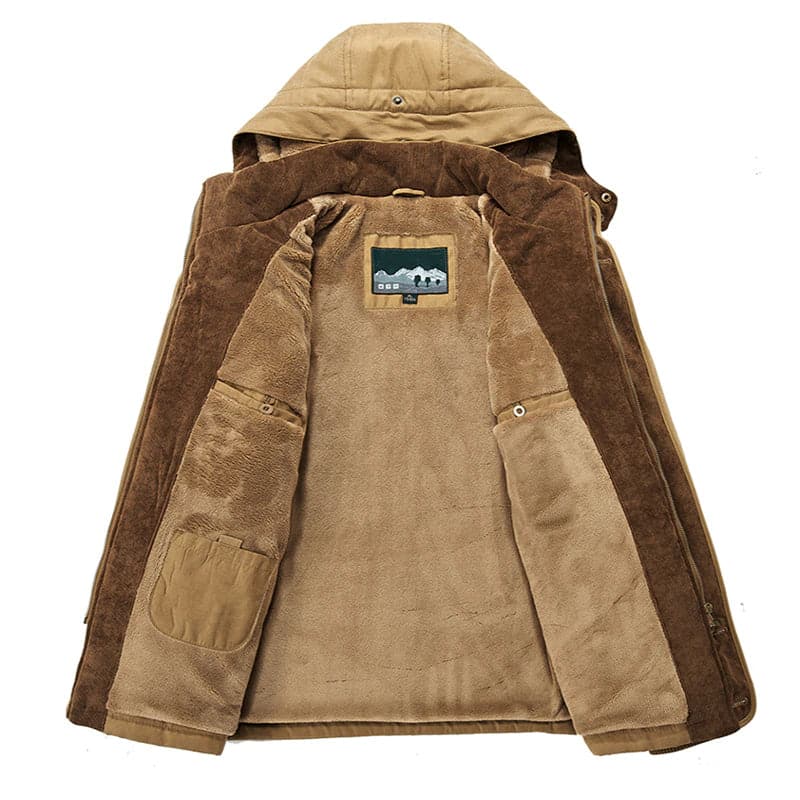 Men's hooded parka jacket with multiple pockets and zip front