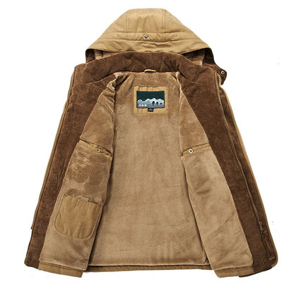Men's hooded parka jacket with multiple pockets and zip front