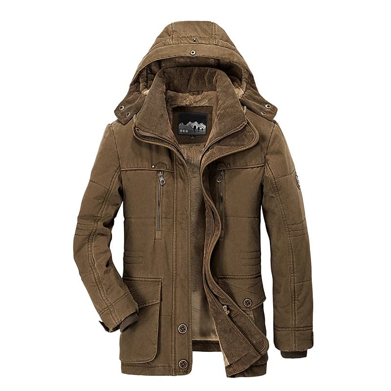 Men's hooded parka jacket with multiple pockets and zip front