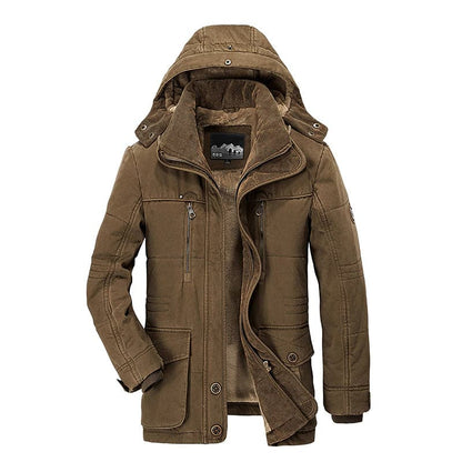 Men's hooded parka jacket with multiple pockets and zip front