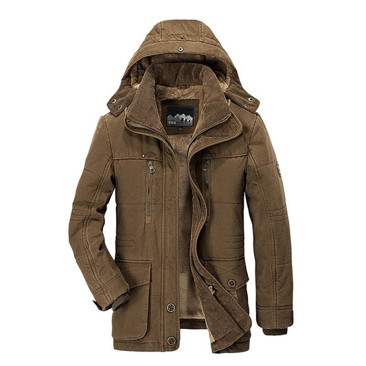Men's hooded parka jacket with multiple pockets and zip front
