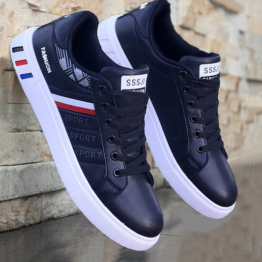 Men's low-top colorblock lace-up sneakers with contrast stripes and flat soles
