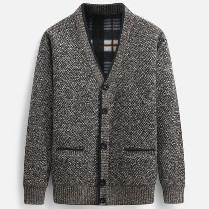 Men's textured knit cardigan with V-neck, button front and two pockets