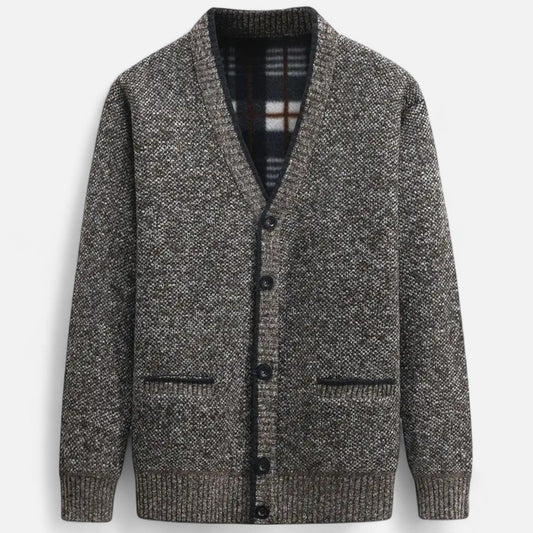 Men's textured knit cardigan with V-neck, button front and two pockets