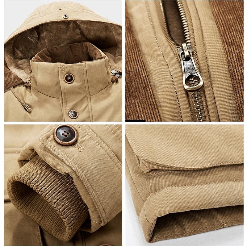 Men's hooded parka jacket with multiple pockets and zip front