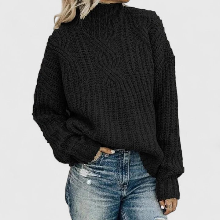Women's high neck cable knit sweater with long sleeves