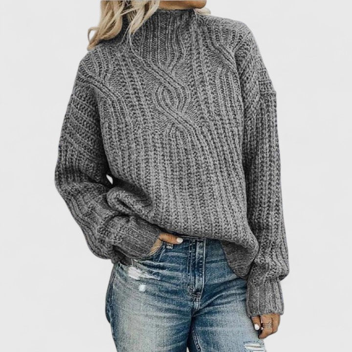 Women's high neck cable knit sweater with long sleeves