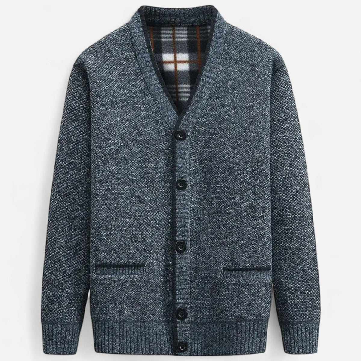 Men's textured knit cardigan with V-neck, button front and two pockets