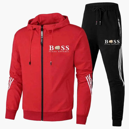 Men's hooded tracksuit set with zip jacket, tapered trousers and contrast stripes