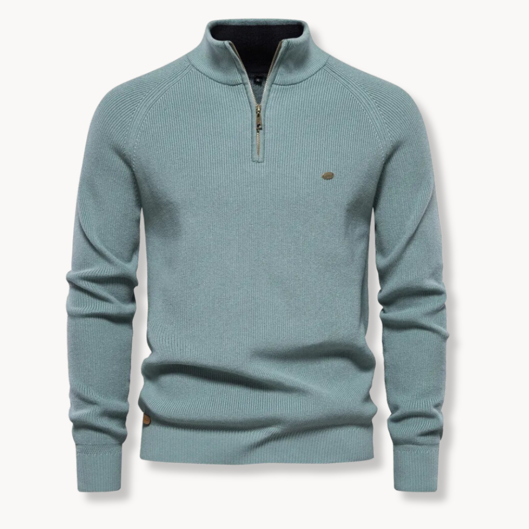 Men's ribbed knit half-zip sweater with mock neck