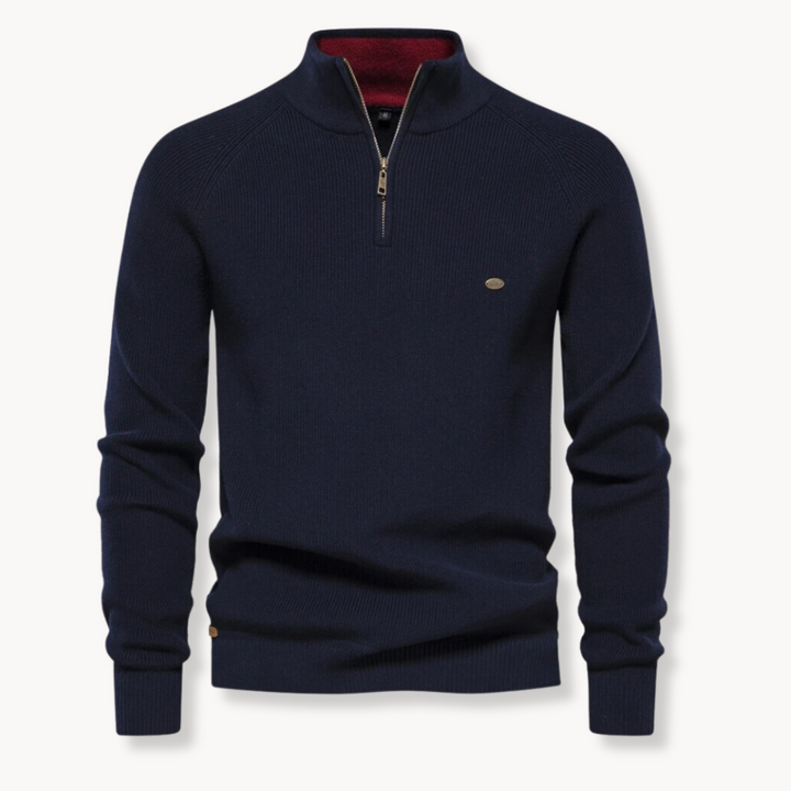 Men's ribbed knit half-zip sweater with mock neck