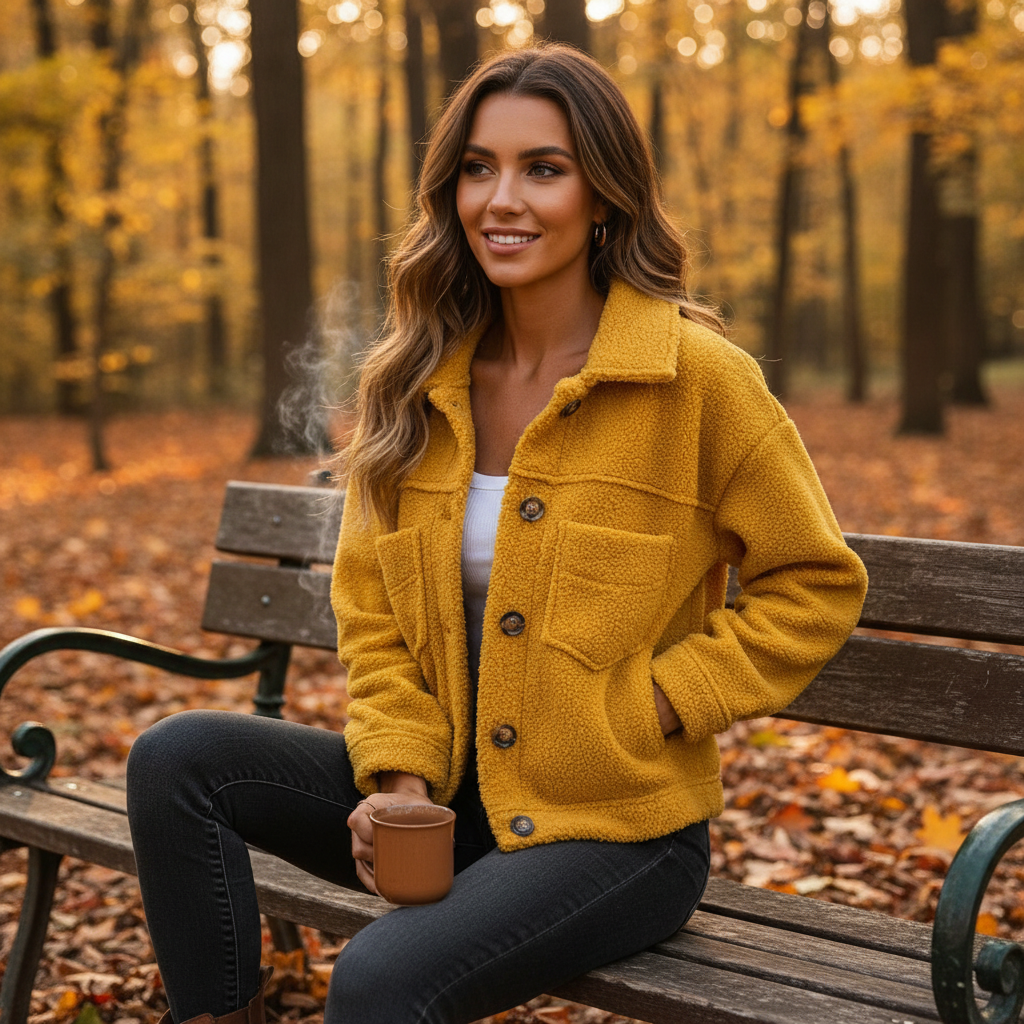 Women's textured sherpa jacket with shirt collar, button front and flap pockets