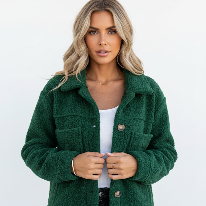 Women's textured sherpa jacket with shirt collar, button front and flap pockets