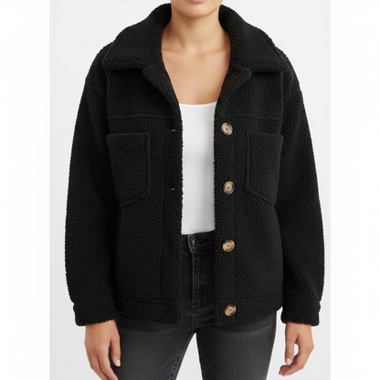Women's textured sherpa jacket with shirt collar, button front and flap pockets