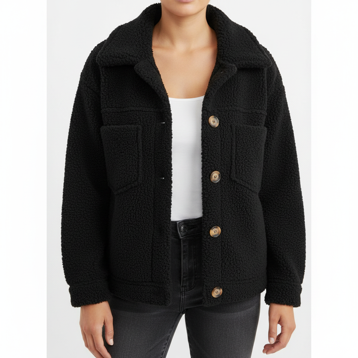 Women's textured sherpa jacket with shirt collar, button front and flap pockets