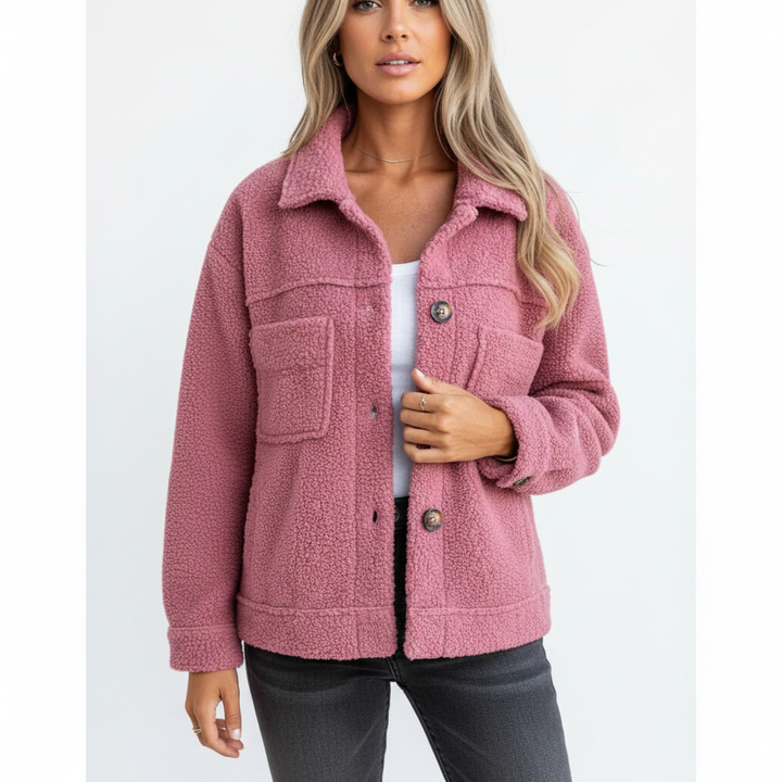 Women's textured sherpa jacket with shirt collar, button front and flap pockets