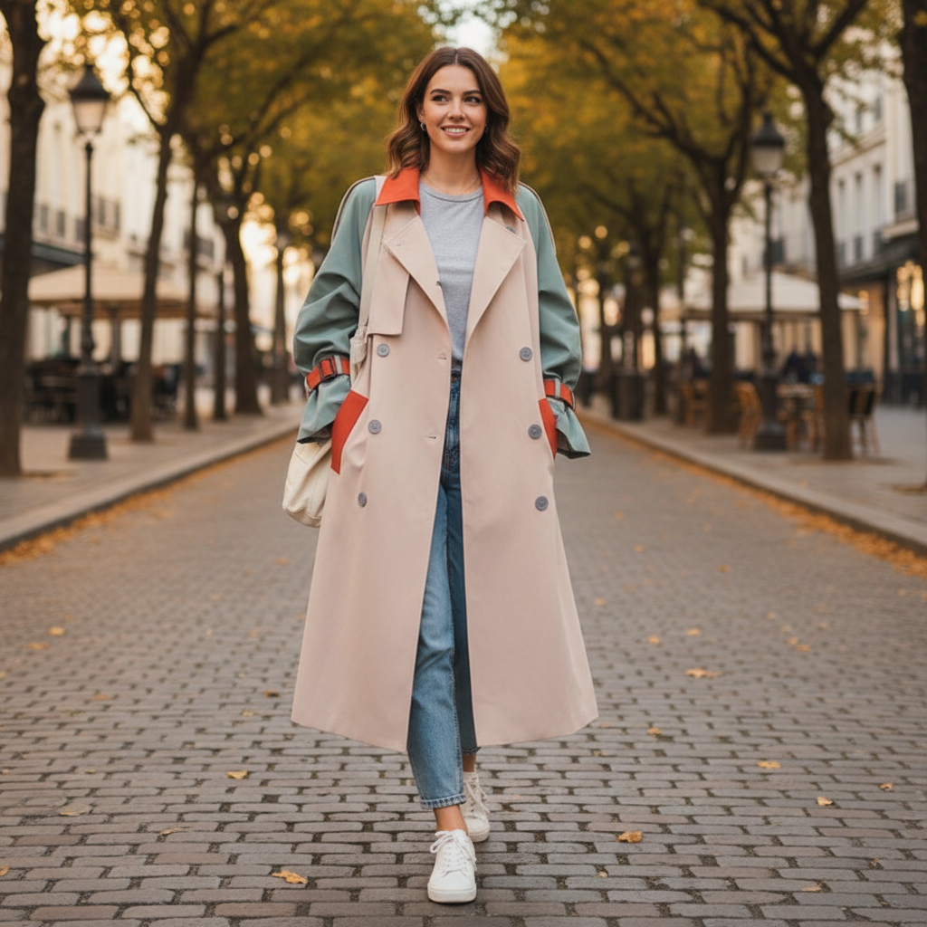 Women's colorblock trench coat with contrast panels and button front