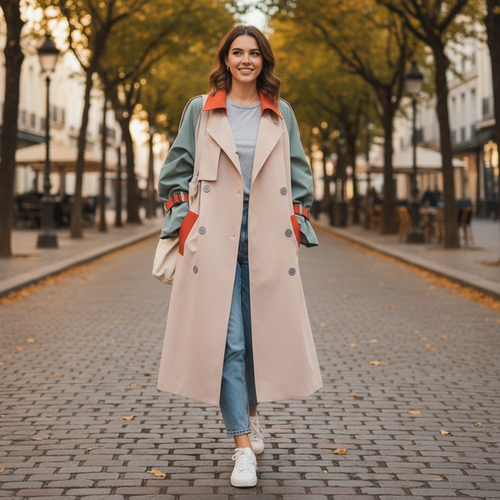 Women's colorblock trench coat with contrast panels and button front