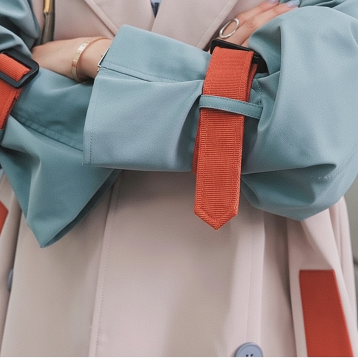 Women's colorblock trench coat with contrast panels and button front