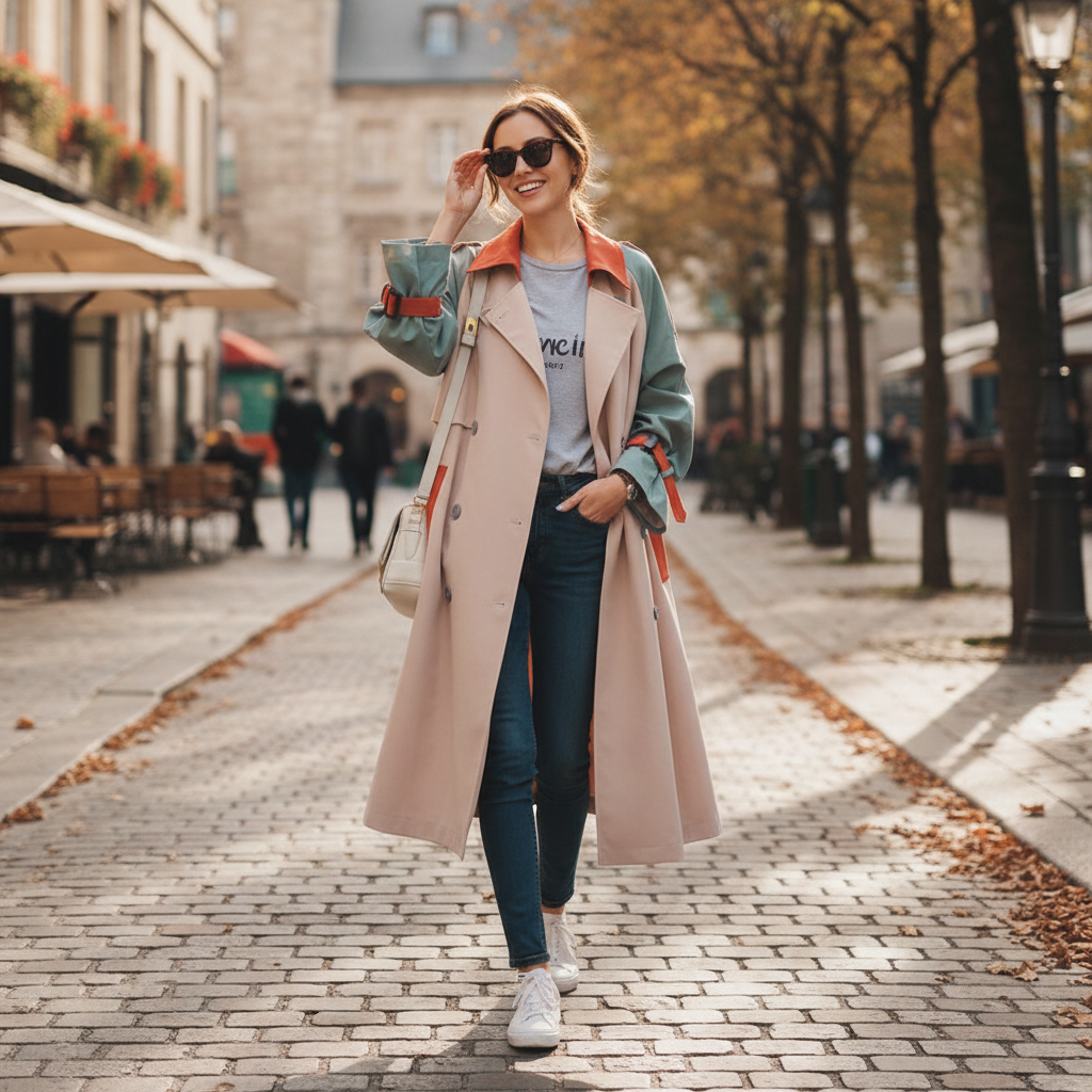 Women's colorblock trench coat with contrast panels and button front