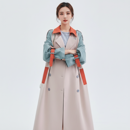 Women's colorblock trench coat with contrast panels and button front