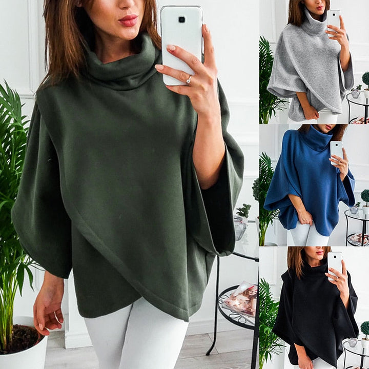 Women's asymmetric turtleneck poncho sweater