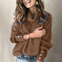 Women's ribbed turtleneck sweater with long sleeves and button cuffs