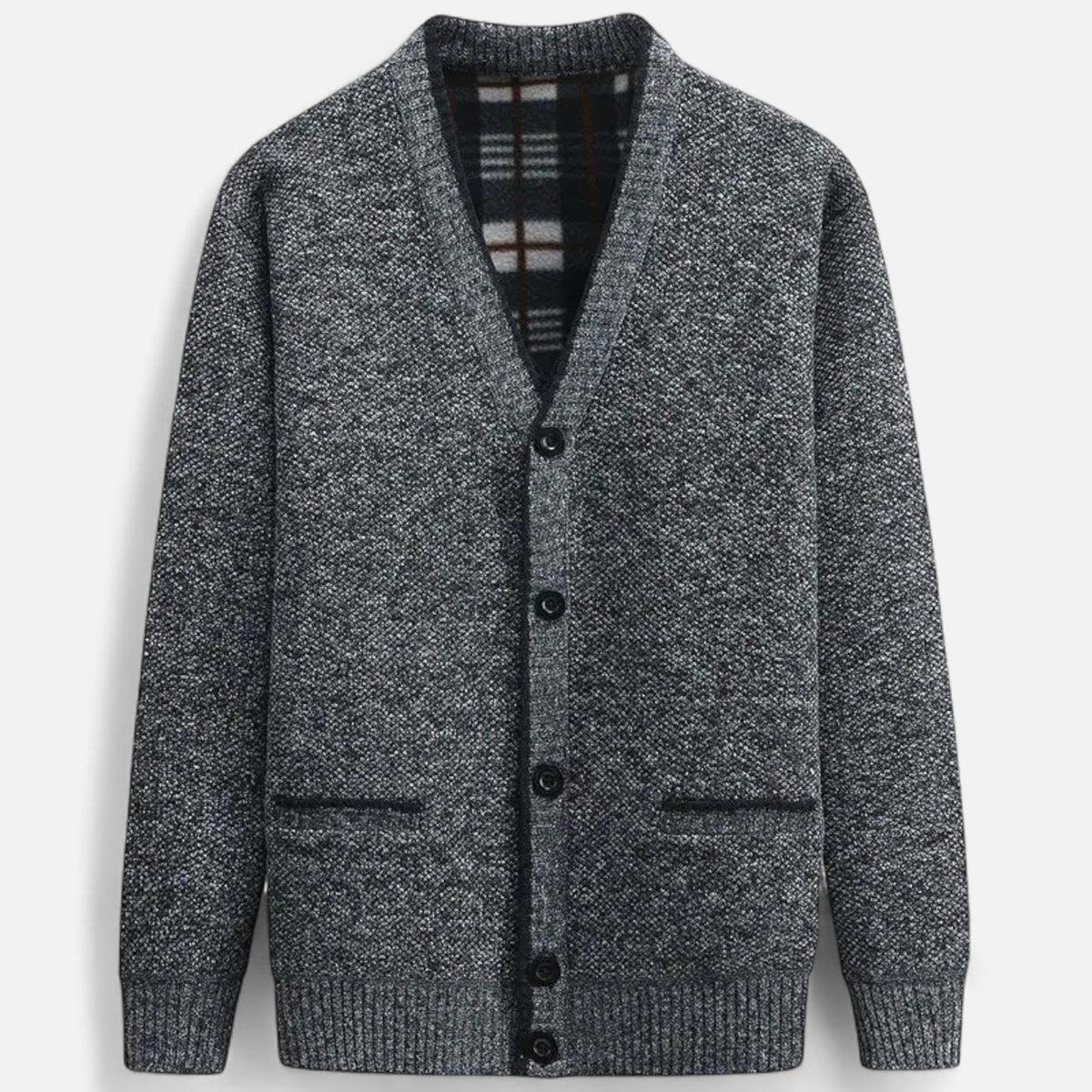 Men's textured knit cardigan with V-neck, button front and two pockets