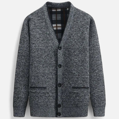 Men's textured knit cardigan with V-neck, button front and two pockets