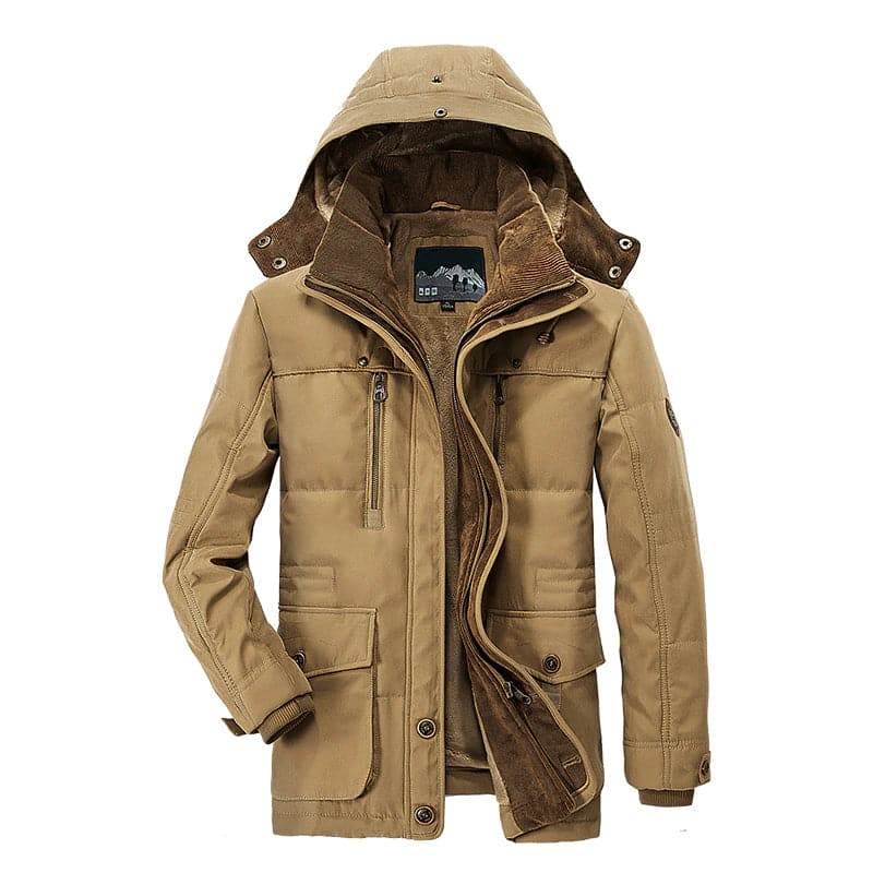 Men's hooded parka jacket with multiple pockets and zip front