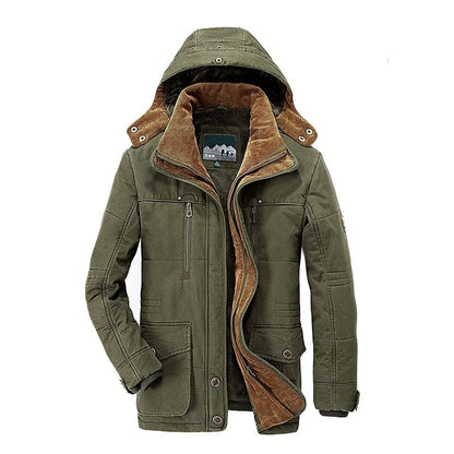 Men's hooded parka jacket with multiple pockets and zip front