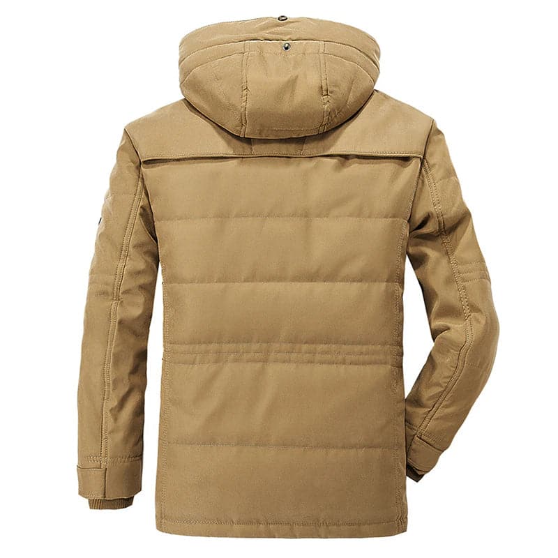Men's hooded parka jacket with multiple pockets and zip front
