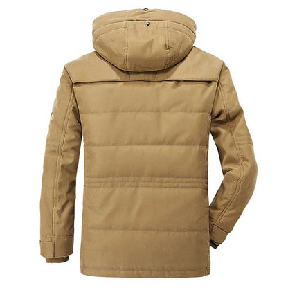 Men's hooded parka jacket with multiple pockets and zip front