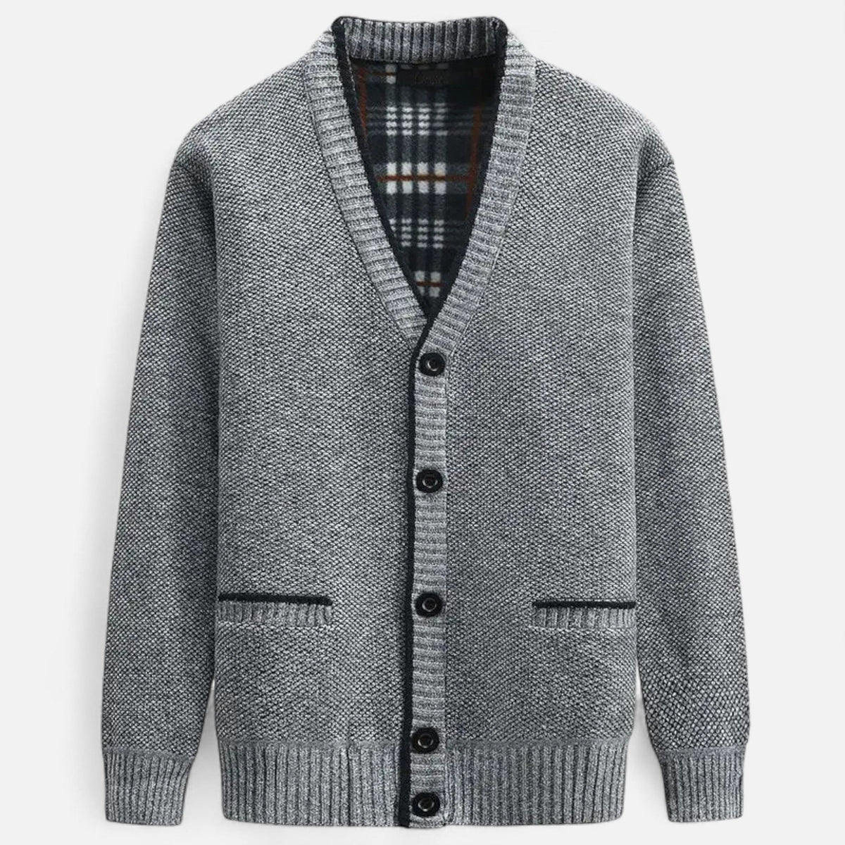 Men's textured knit cardigan with V-neck, button front and two pockets