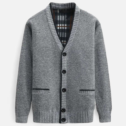 Men's textured knit cardigan with V-neck, button front and two pockets