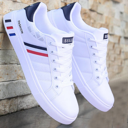 Men's low-top colorblock lace-up sneakers with contrast stripes and flat soles
