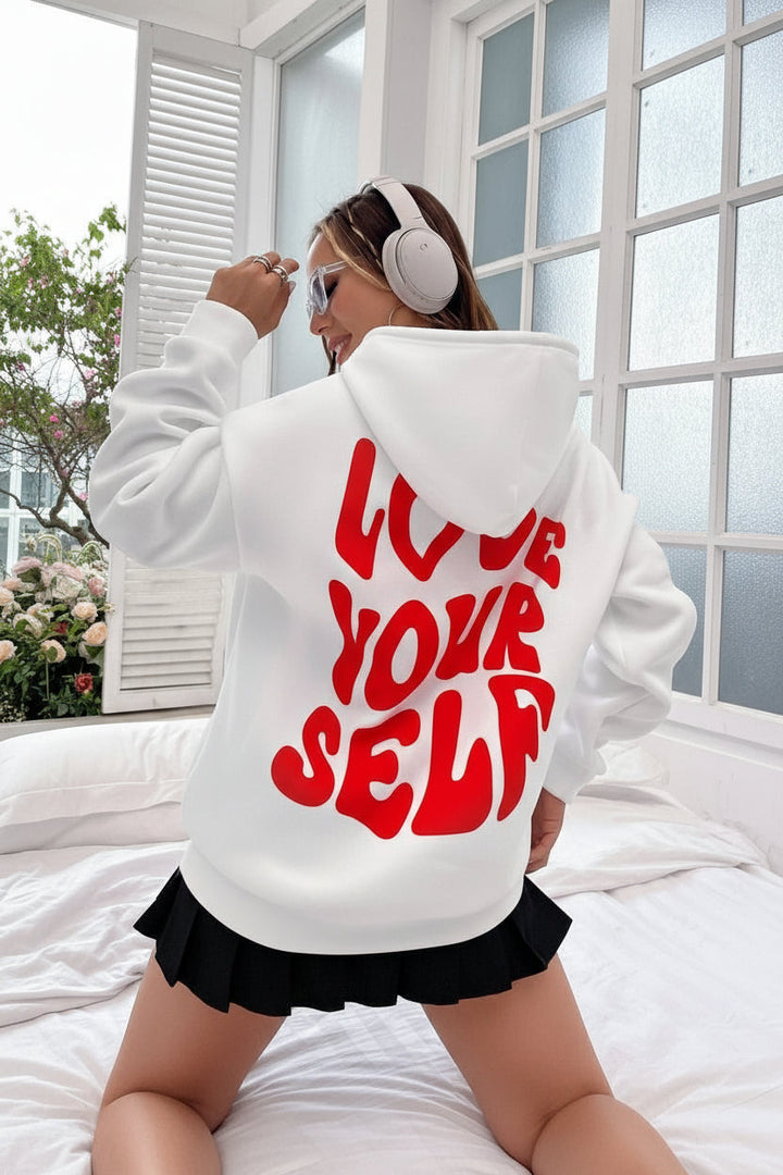 Women's hooded pullover with bold graphic lettering on the back