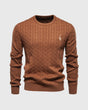 Men's long-sleeve cable knit sweater with crew neck and ribbed trims