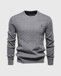 Men's long-sleeve cable knit sweater with crew neck and ribbed trims