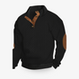 Men's textured cable knit sweater with mock neck and brown elbow patches