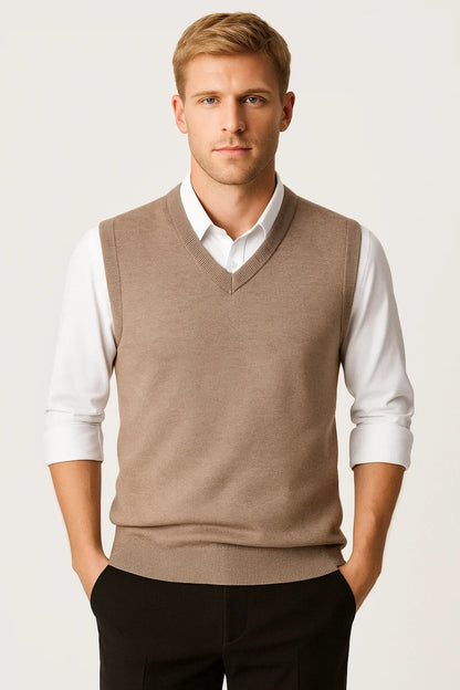 Men's sleeveless V-neck sweater vest with ribbed trims layered over a white shirt