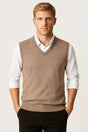 Men's sleeveless V-neck sweater vest with ribbed trims layered over a white shirt