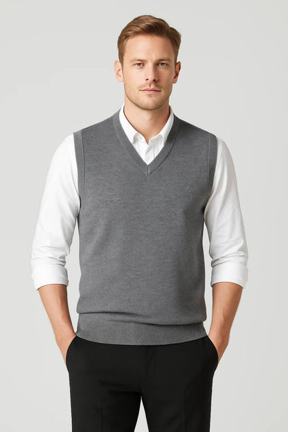 Men's sleeveless V-neck sweater vest with ribbed trims layered over a white shirt