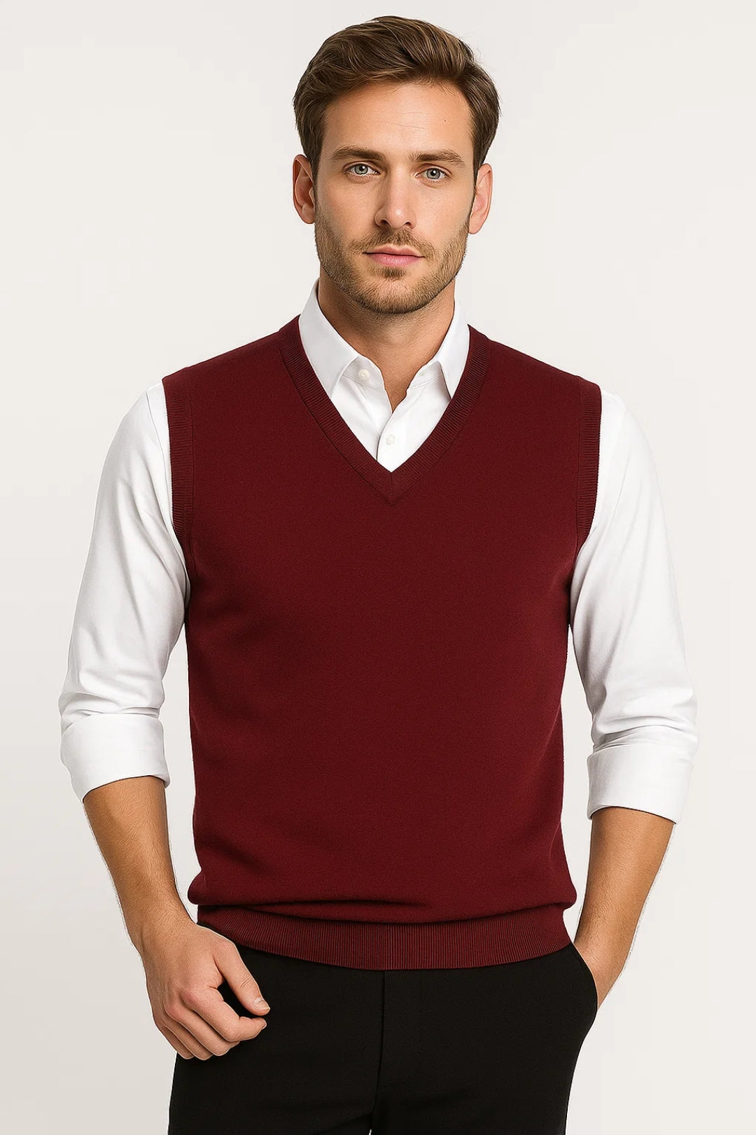 Men's sleeveless V-neck sweater vest with ribbed trims layered over a white shirt